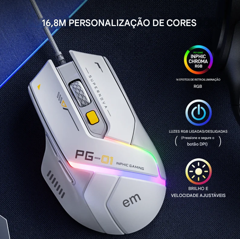 Mouse Gamer INPHIC PG1: Ergonomia, RGB e Macro Programável